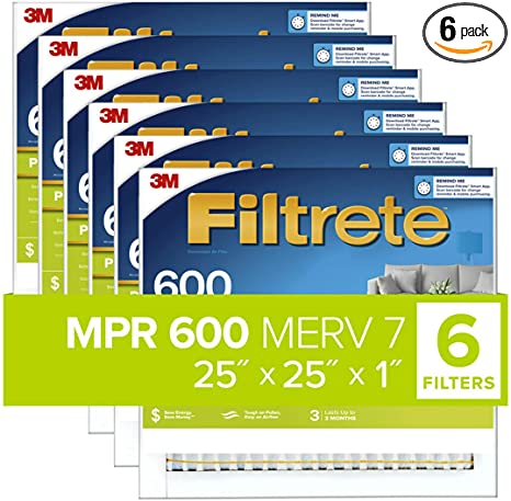 Filtrete 25x25x1, AC Furnace Air Filter, MPR 600, Clean Living Dust Reduction, 6-Pack (exact dimensions 24.81 x 24.81 x 0.66)