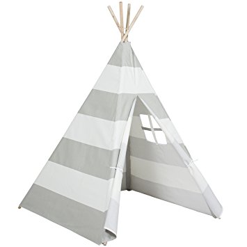 Children's Canvas Teepee Playhouse Tent - 100% Cotton - New Zealand Pine Wood Pole Imported (Grey Stripe)