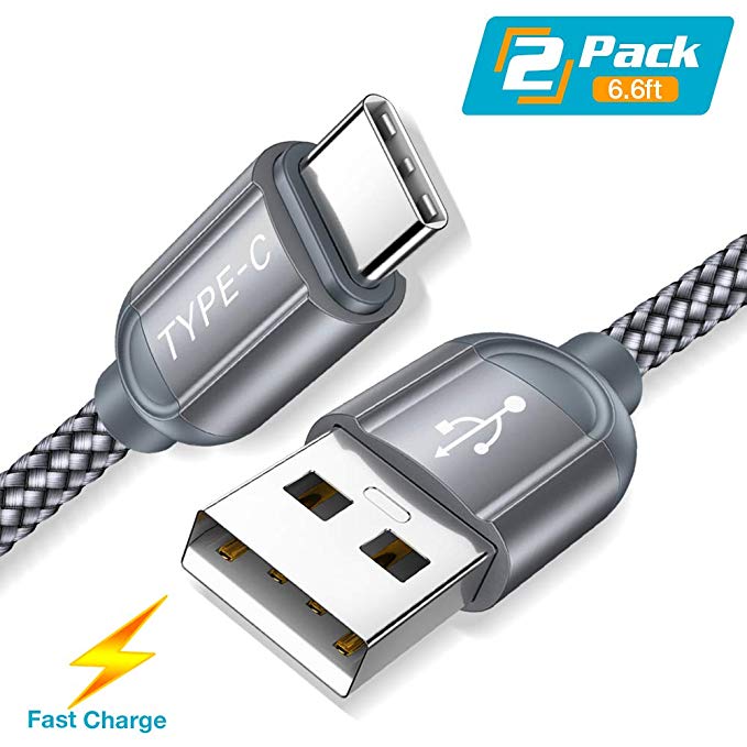 USB C Cable, [2Pack/6.6ft] Fisiy USB Type C Cable Fast Charger Nylon Braided Charging Cable Compatible with Samsung Galaxy S9 S8 Plus Note 8 9, LG V20 V30 G5 G6, Google Pixel XL, Moto - Grey
