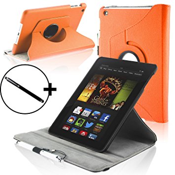 ForeFront Cases All-New Kindle Fire HD 7" Rotating Leather Case Cover / Stand WILL ONLY FIT All-New Kindle Fire HD 7" Tablet October 2013 with Magnetic Auto Sleep Wake Function   Stylus Pen - ORANGE