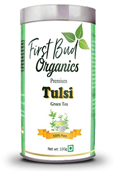 First Bud Organics Premium Tulsi Green Tea -100 Gram - Green Tea Leaves with Rama Tulsi and Shyama Tulsi for weight loss | No artificial flavour