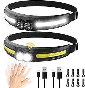 MoKo Rechargeable LED Headlamp 2PCS - 300° Wide Beam Head Lamp, 750 Lumen 14 Modes Head Lights, 84H Standby Energy - Camping Accessories Gear, Waterproof Sensor Flashlight for Running Camping Fishing