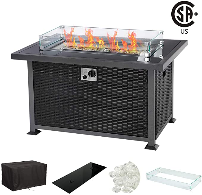 U-MAX 44 Inch Outdoor Auto-Ignition Propane Gas Fire Pit Table, 50,000 BTU CSA Certificate Gas Firepit Aluminum Fame Wicker PE Rattan with Glass Wind Guard,Tempered Tabletop & White Arctic Gla, Black