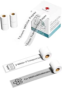 Phomemo Papel Compatible con M02Pro,M02S,M03AS,M04AS Impresora Térmica,Papel Blanco(15mm*3.5m, 3 Rollos), Papel Transparente(15mm*3.5m, 3 Rollos)