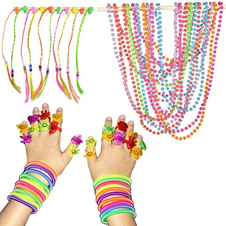 SmitCo LLC Girls Party Favors - Play Jewelry Set Of 10 Pre-filled Goodie Bags - Including 2 Neon Coil Bracelets, 1 Long Strand of Beads, 2 Emoji Rings and 1 Hair Piece, Total 60 Pieces