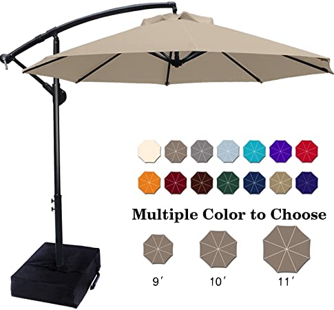 ABCCANOPY Patio Umbrellas Cantilever Umbrella Offset Hanging Umbrellas 9 FT Outdoor Market Umbrella with Crank & Cross Base for Garden, Deck, Backyard, Pool and Beach, 12  Colors,Khaki