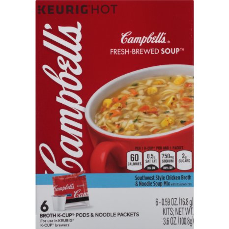 Campbell's Fresh-Brewed K-Cup Soups, Southwest Style Chicken Broth and Noodle Mix, 6 Count