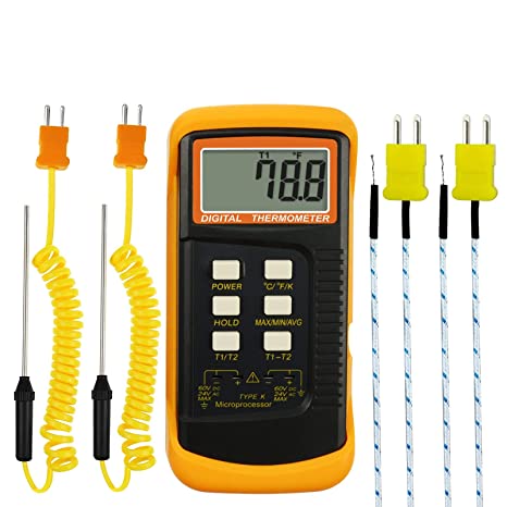 DANOPLUS High Accuracy Digital K-Type Thermocouple Thermometer (-50~1300°C) with Dual Channels 4 Probes (Wired & Stainless Steel) Handheld High Temperature Kelvin Scale Meter Tester