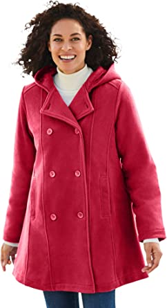 Woman Within Women's Plus Size Double-Breasted Hooded Fleece Peacoat