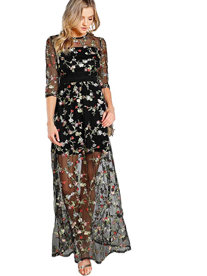 DIDK Women's A Line Floral Embroidery Mesh Sheer Evening Cocktail Dress