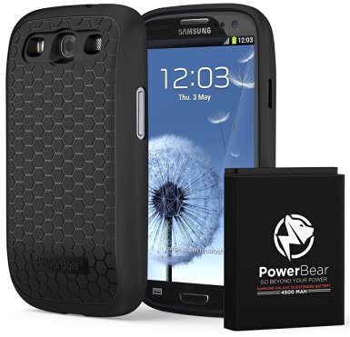 PowerBear Samsung Galaxy S3 4500mAh Extended Battery & Back Cover & Protective Case (Up to 2.2X Extra Battery Power) - Black [24 Month Warranty & Screen Protector Included]
