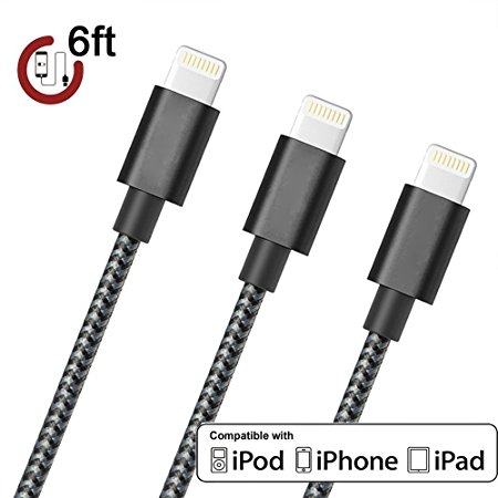 AOFU iPhone Cable,3Pack 6FT Nylon Braided Cord Lightning Cable to USB Charging iPhone Charger for iPhone 7/7 Plus/6/6 Plus/6S/6S Plus,SE/5S/5,iPad,iPod Nano 7 (Black White,6FT)