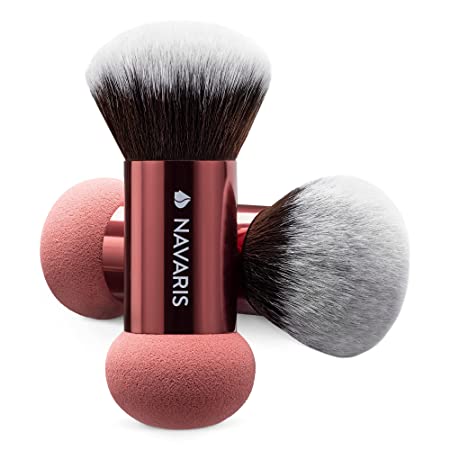 Navaris Double Ended Makeup Sponge Brush (Set of 2) - Combo Tool with Powder Brush and Foundation Blender Sponge - For Powders or Liquids - Bordeaux