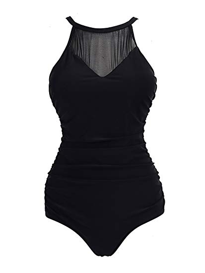 Womens Vintage Ruched One Piece Swimsuit Sexy Mesh V Neck Swimwear Plus Size Tummy Control Bathing Suit