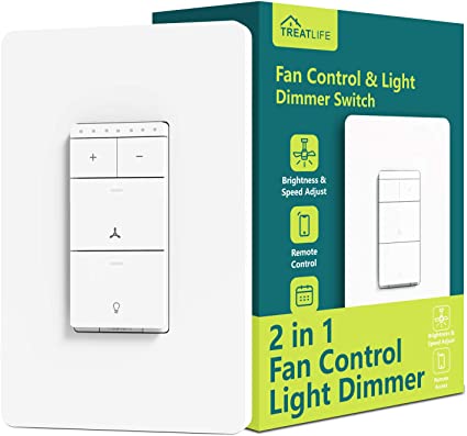 Smart Ceiling Fan Control and Dimmer Light Switch, Neutral Wire Needed, Treatlife Single Pole Wi-Fi Light Switch Fan Speed Control, Works with Alexa/Google Assistant, Schedule, Remote Control (1PACK)