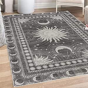 Ambesonne Sun and Moon Decorative Rug, Bohemian Occult Design of Crescent Solar Ornament Esoteric Stars, Quality Carpet for Bedroom Dorm and Living Room, 4' x 5' 5", Dark Taupe