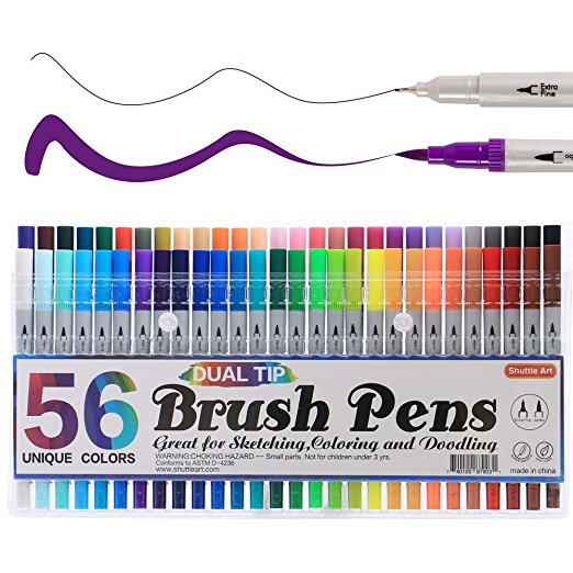 Shuttle Art 56 Colours Dual Tip Brush Pen Art Supplies,Brush Tip with Fineliner 0.4 Markers Pens Set for Adult colouring books