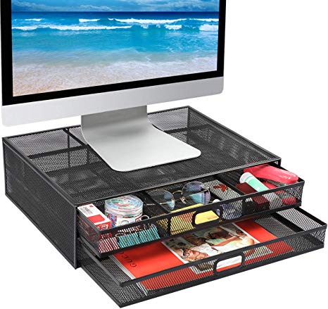 HUANUO Monitor Stand with 2 Storage Drawers - Metal Mesh Desk Organisers, Support Laptop, Notebook, PC, Monitor, Printer, Scanner up to 15 KG