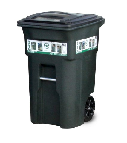Toter 025564-R1GRS Residential Heavy Duty 2-Wheeled Trash Can with Attached Lid, 64-Gallon, Greenstone