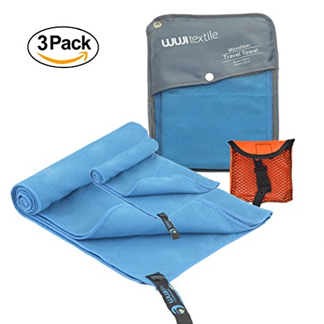 Microfiber Travel Towel Set WuJi 2 1 Antibacterial Camping Towel 35''x71'',14''x39'',12''x12'' Extra Large,Compact,Absorbent,Soft Sweat Towels for Sports Beach Backpacking Workout Gym Golf, Blue