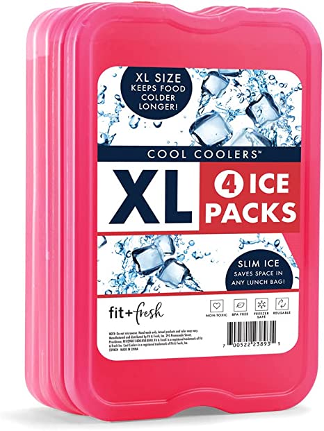 Cool Coolers by Fit   Fresh Slim Compact Reusable XL Ice Pack, Perfect for Lunch Boxes, Coolers, and Beach Bags, Pink, 4 Pack