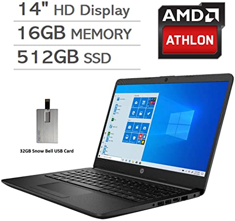 2020 HP Pavilion 14" HD LED Laptop Computer, AMD Athlon Silver 3050U Processor, 16GB RAM, 512GB SSD, AMD Radeon Graphics, USB-C, Stereo Speakers, Webcam, Win 10, Black, 32GB Snow Bell USB Card