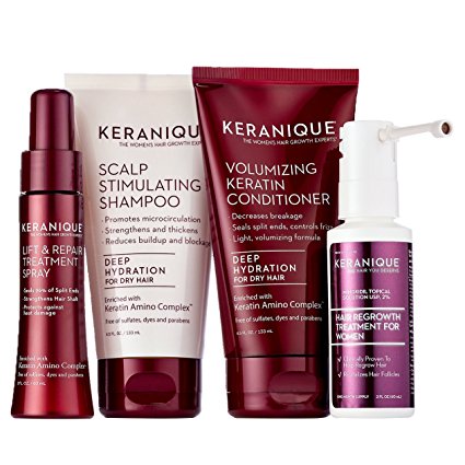 Keranique 30 Day Hair Regrowth System Deep Hydration(Scalp Stimulating Shampoo and Volumizing Keratin Conditioner 4.5 oz, Lift and Repair Treatment Spray 2.0 oz and Hair Regrowth Treatment 2.0 oz)