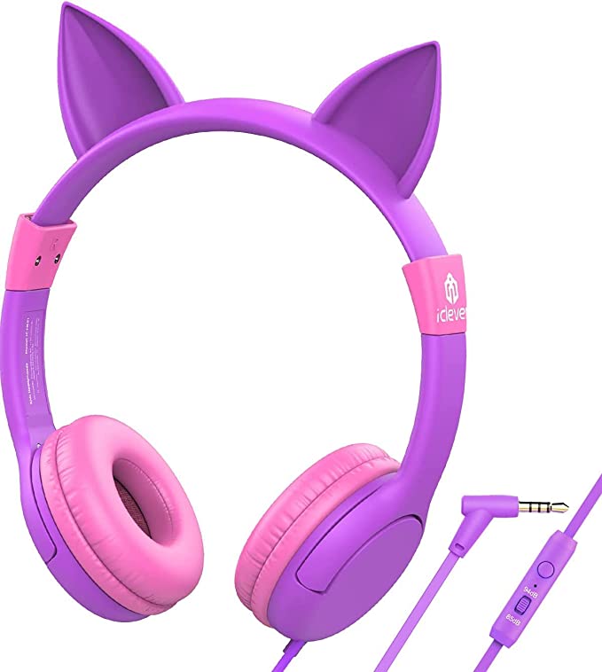 iClever Kids Headphones with Microphone, 85/94dB Volume Limiter, Cat Ear Headphones for Kids, Children Headphones for School/Travel/Tablet/E-Learning/iPad, Rose & Purple