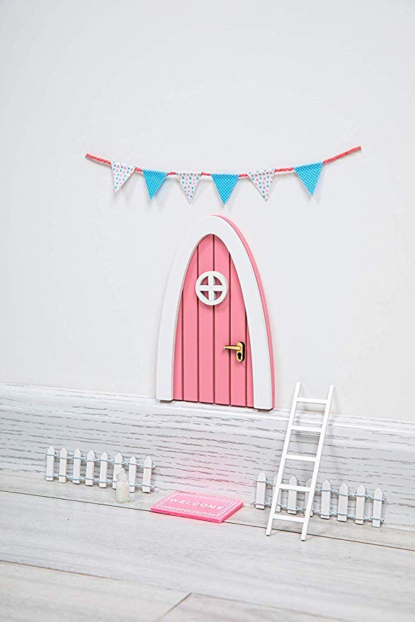 Tooth Fairy Door Kit Great Gift for Miniature Come with Fairy Door Accessories Pink Hobbit Door PretendPlayToys for Girls Kids Room
