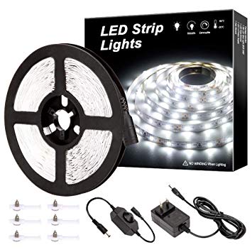 MH 5M Dimmable LED Strip Lights Kits, 12V Tape Light, 300 2835 LED, 16.4ft 6000K Daylight White Ribbon with Power Adapter, Light Strips for Under Bed, Vanity Mirror, Cabinet, Kitchen, Non-Waterproof