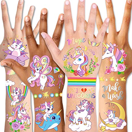 Temporary Tattoos for Kids(98pcs),Konsait Glitter Unicorn Tattoos for Children Girls Birthday Party Favors Supplies Great Kids Party Accessories Goodie Bag Stuffers Party Fillers Halloween Gift