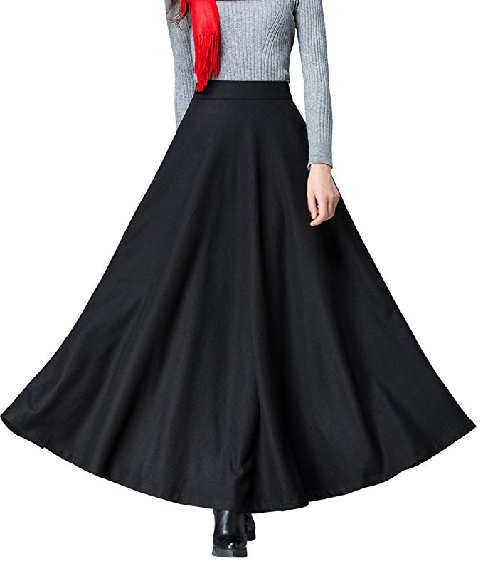 Femirah Women's Long Maxi Woolen A Line Skirt Autumn Winter Plaid Skirt