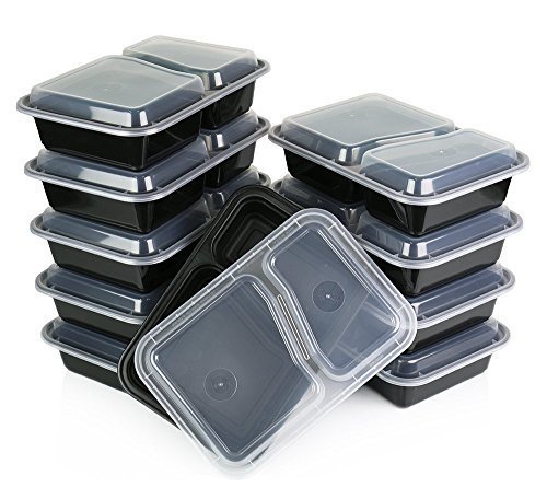 Dozenegg 2-Compartment Microwave Safe Food Container with Lid/Divided Plate/Bento Box/Lunch Tray with Cover, Black, 10-Pack