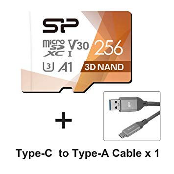 Silicon Power 256GB R/W up to 100/ 80MB/s Micro SDXC UHS-I (U3) Memory Card Bundle (Card   Cell Phone Type-C to Type-A Cable)