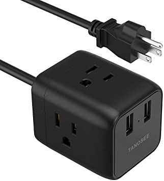 Small Power Strip with USB, TANOSEE Portable Extension Cord 2 USB Ports 3 Outlets, 4 Feet, Nightstand Desktop Charging Cube Station for Dorm, Mini Bedside Charger for Travel Cruise Ship, Black