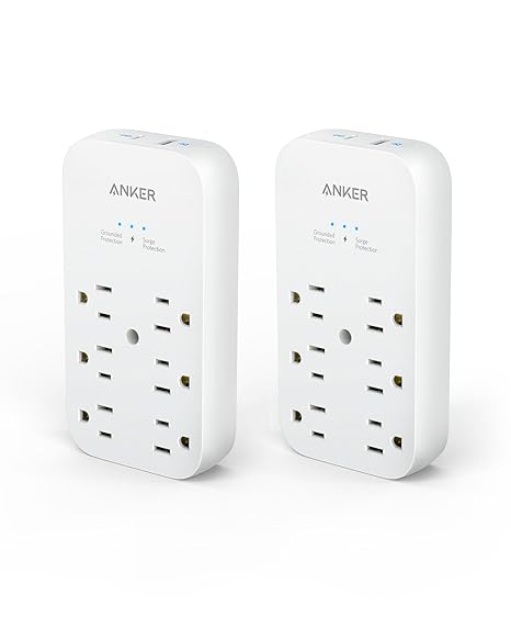 2 Pack Anker Outlet Extender and USB Wall Charger, 6 Outlets and 2 USB Ports, 20W USB C Power Delivery High-Speed Charging iPhone 15/15 Plus/15 Pro/15 Pro Max, Multi-Plug for Dorm/Home/Office, White