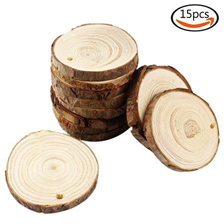 JPSOR 15pcs 2.7"-3.1" Pure Natural Predrilled Wood Slices DIY Handmade Wedding Craft Ornaments