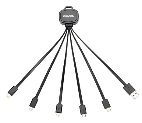 Multi Charger,Chafon Upgraded 6 in 1 Multiple USB Charging Cable with USB C/8 Pin Lightning /Micro USB/ Mini USB Ports for iPhone 7Plus,7,iPad,Nexus 6P Type C Devices and More-Black