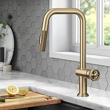 KRAUS Urbix Industrial Pull-Down Single Handle Kitchen Faucet in Brushed Gold, KPF-3126BG