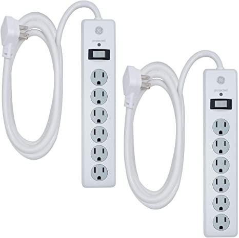 GE, White, 6 Outlet Surge Protector 2 Pack, 10 Ft Extension Cord, Power Strip, 800 Joules, Flat Plug, Twist-to-Close Safety Covers, 46862