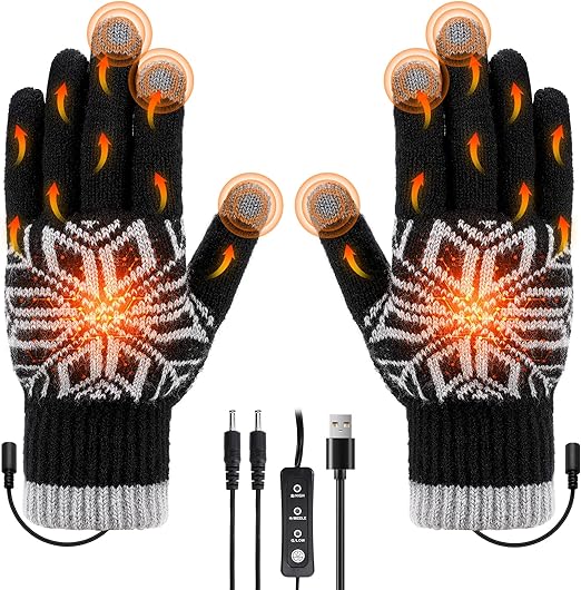 USB Heated Gloves for Men Women, Jhua Temperature Adjustable Electric Heated Gloves, Knitted Wool USB Hand Warmer Gloves for Typing, Mitten Winter Hands Warm Laptop Gloves, Black