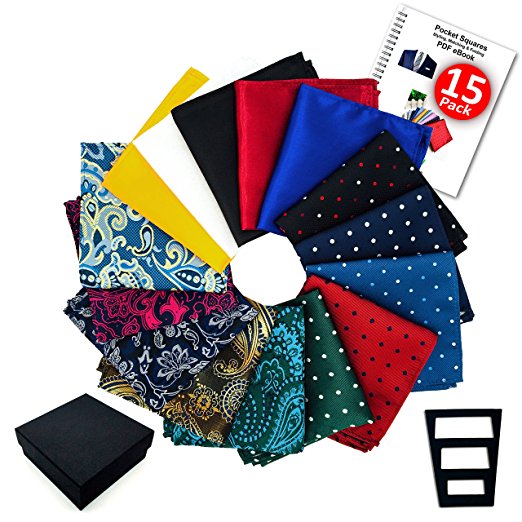Pocket Squares for men 15 Pack set in Gift Box Assorted colors Polka dots Paisley Plain by ekSel