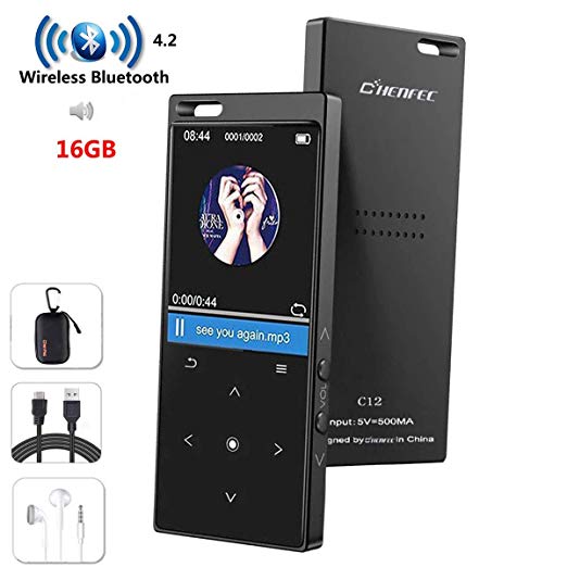 HONGYU MP3 Player with Bluetooth4.0,16G Portable Lossless Hi-Fi Sound MP3 Music Players with Touch Button/1.8TFT Screen, Built in Loud Speaker, FM Radio, Voice Recorder, Expandable up to 128 GB