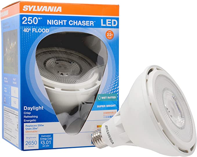 SYLVANIA Ultra LED Night Chaser, PAR38, 250W Equivalent, 2650 Lumen, Replacement for Halogen Flood Spot Light, Medium Base E26, Dimmable, 5000K Daylight