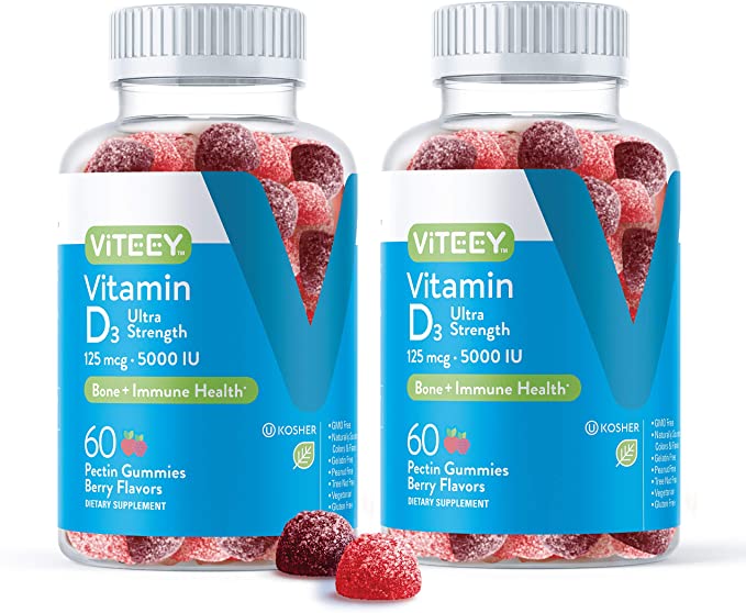 [60 Count 2 Pack] Vitamin D3 Gummies Ultra Strength 125mcg 5000 IU - Bone Health, Immune Health, Joint Muscle Support - Dietary Supplement, Pectin Gummy - for Adults Teens & Kids - Berry Flavors