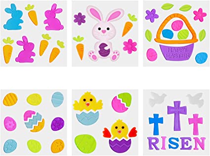 6 Sheets Spring Easter Window Gel Clings Happy Holiday Gel Stickers Easter Bunny Egg Gel Clings Party Favor Easter Presents Decorations for Home Office Windows Mirrors, Totally 47 Pieces