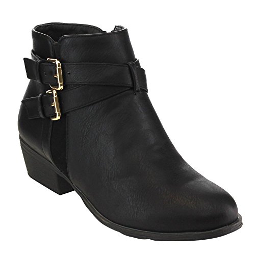 Top Moda Women's Buckle Strap Low Chunky Ankle Booties