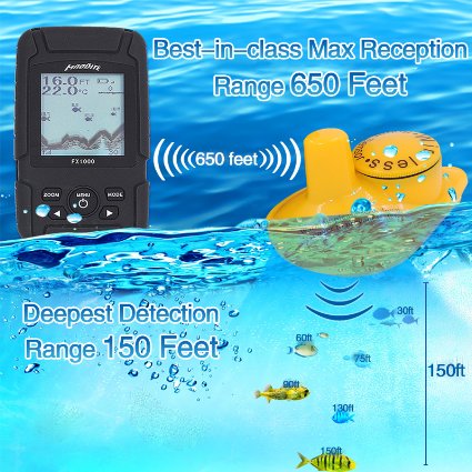 2016 New arrival MadBite Portable Wireless Sonar Fish Finder - Totally Waterproof and Floats - Suitable for Kayak Fishing Boat Ice Fishing and Bank Fishing - 2- 150 Feet Depth Finder - 650 Feet Reception Range - Award Winning Manufacturer