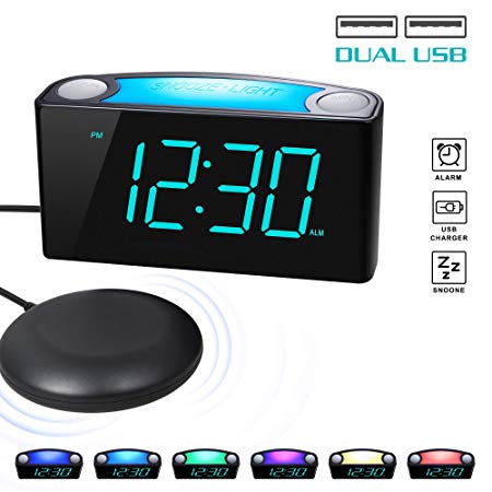 ROCAM Vibrating Loud Alarm Clock with Bed Shaker, Best Sounds, Large LED Display with Dimmer, 7 Colored Night Light, Dual USB Charger for Heavy Sleepers, Hearing Impaired, Deaf People, Seniors (Blue)