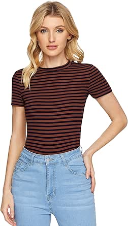 Milumia Women's Casual Multi Striped Ribbed Short Sleeve Solid Tee Knit Top